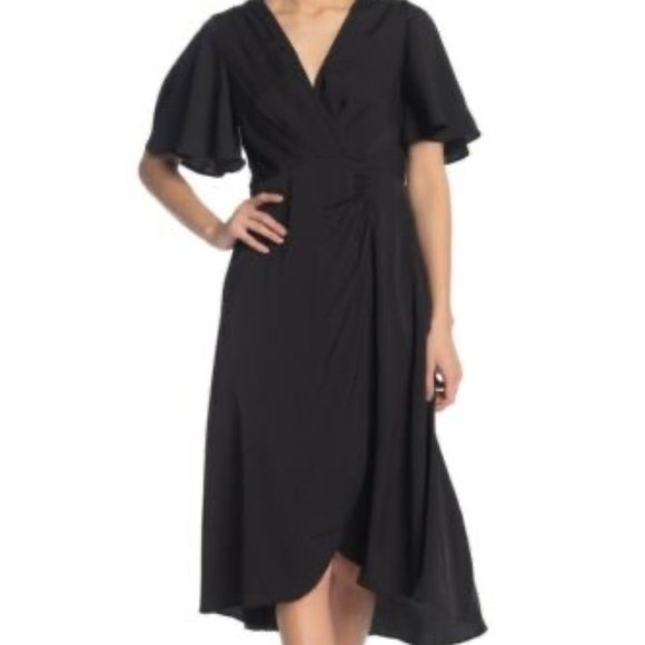 Astr Dresses & Skirts - New ASTR Black Wrap Midi Dress Flutter V Neck M